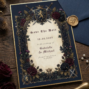 Sfeervolle Gotische Wapen Navy Bourgondiërood Goud Save The Date