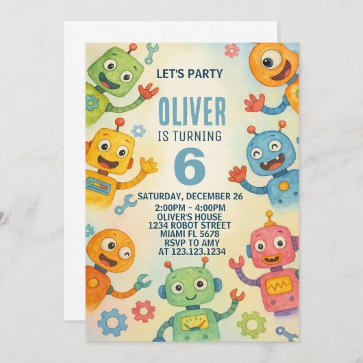 Sfeervolle robot verjaardagsuitnodiging voor kinde kaart (Voorkant / Achterkant)