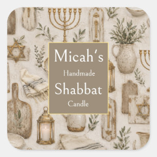 Shabbat Kaarslabel, Joodse Esthetiek Rustieke Kuns Vierkante Sticker