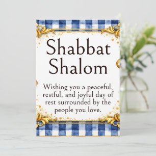 Shabbat Shalom Groet, Gingham Blauw Wit Goud Kaart