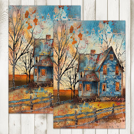 SHABBY BLAUWE BOERDERIJ IN DE HERFST DECOUPAGE TISSUEPAPIER