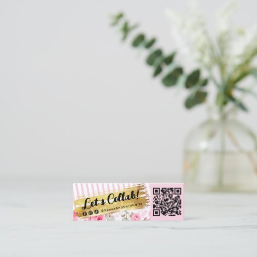 Shabby Blush Waterverf Rozen & Gold Influencer QR Mini Visitekaartje (Staand voorkant)