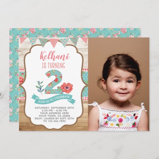 Shabby Chic 2e anniversaire Invitation avec photo (Devant / Derrière)