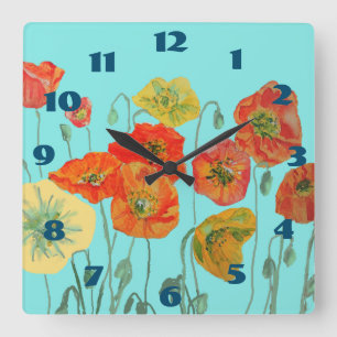 Shabby Chic Aqua Poppies Poppy Floral Room Clock Vierkante Klok