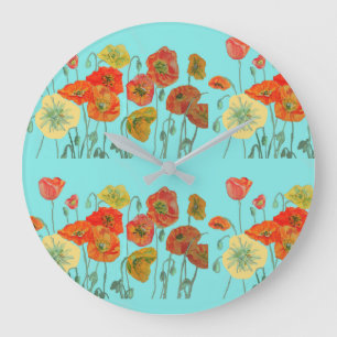 Shabby Chic Aqua Poppy Fleurs Art Wall Horloge