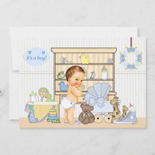 Shabby Chic Baby Boy Blue Baby shower Invitation (Devant)