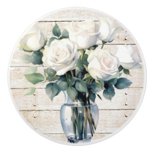 Shabby Chic Beach Wit Hout met Witte Rozen Keramische Knop