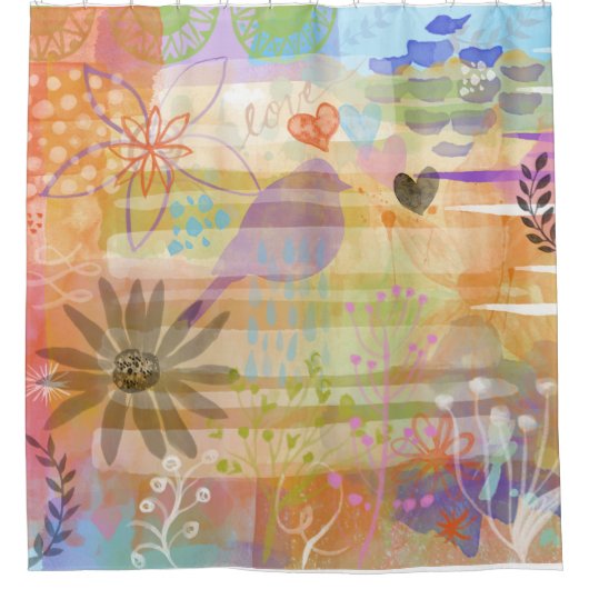 Shabby Chic Bird Flower Cute Waterverf Painting Douchegordijn (Voorkant)