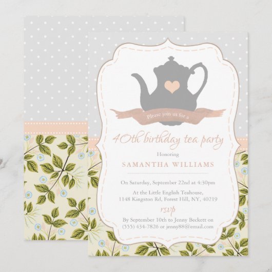 Shabby Chic Birthday Tea Party Invitation Kaart (Voorkant / Achterkant)