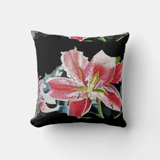 Shabby Chic Black Lily Floral Flowers Cushion Kussen (Voorkant)