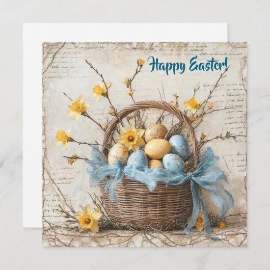 shabby chic blauw paaseieren in mandje feestdagenkaart (Voorkant / Achterkant)