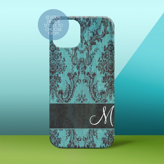 Shabby Chic Blauwgroen damask Pattern met Monogram Case-Mate iPhone Case