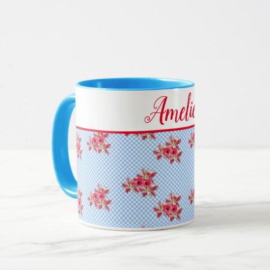 Shabby Chic Blue Floral Lily En vichy Art Mug (Devant gauche)