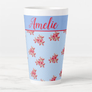 Shabby Chic Blue Floral Lily Gingham Latte Mok