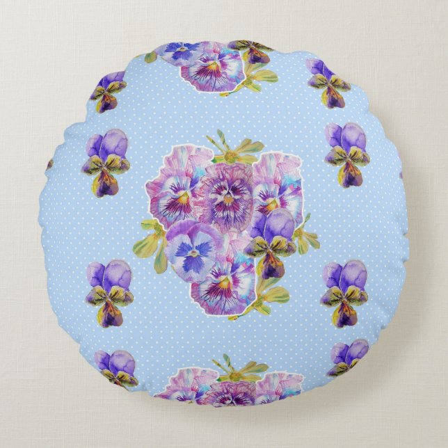 Shabby Chic Blue Floral Round Cushion Rond Kussen (Voorkant)
