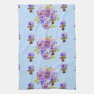 Shabby Chic Blue Pansy Floral Dot Tea Towel Theedoek