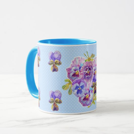 Shabby Chic Blue Pansy Floral Polka Dot Mug (Devant gauche)