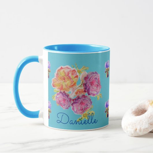 Shabby Chic Blue Rose Floral Viola Flower Mug (Avec donut)