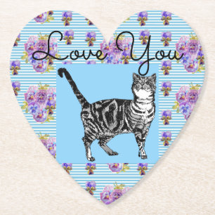 Shabby Chic Blue Stripe Tabby Cat Love Heart Kartonnen Onderzetters