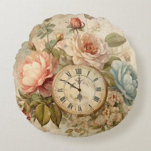 Shabby Chic Blush Blue Rozen Bloemenklok Rond Kussen
