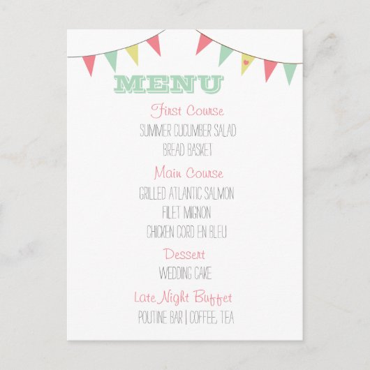 Shabby Chic Bunting Mariage Menu Rose et Mint (Devant)