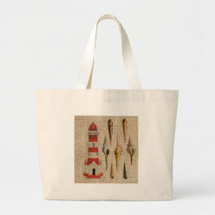 Shabby Chic Burlap Coast Seashell Vuurtoren Grote Tote Bag