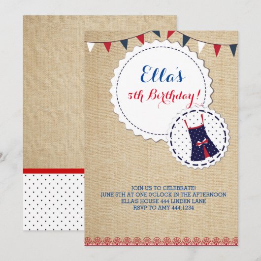 Shabby Chic Burlap Marine Red Invitations d'annive (Devant / Derrière)