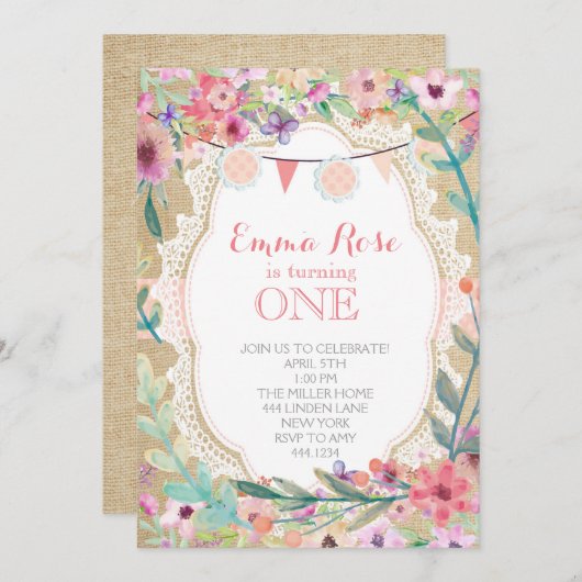 Shabby Chic Burlap Pink Invitations d'anniversaire (Devant / Derrière)