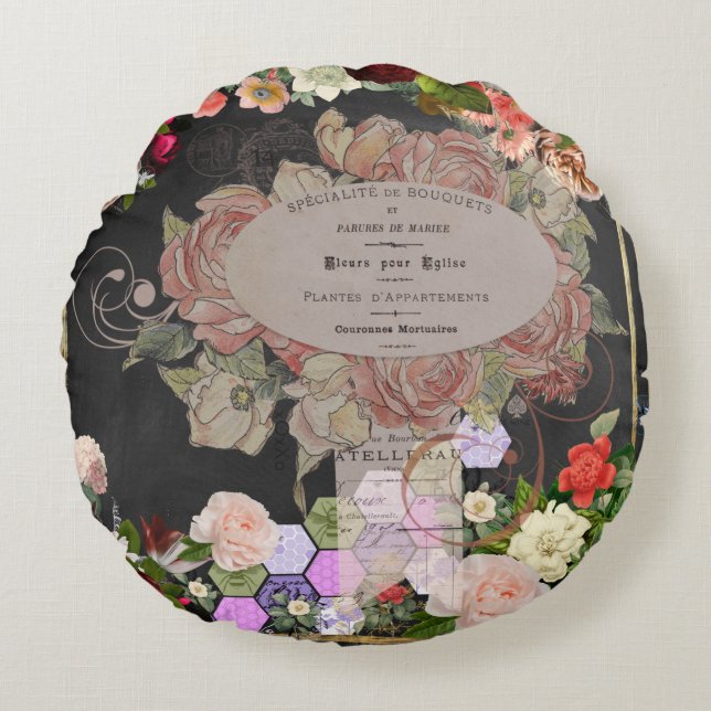 Shabby chic collage, French chic, country rustic,f Rond Kussen (Voorkant)