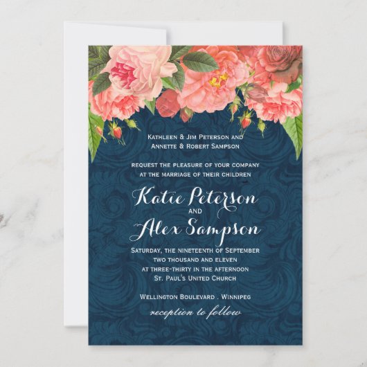Shabby Chic Coral and Navy Blue Wedding Invitation Kaart (Voorkant)