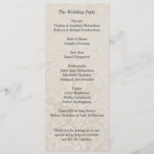 Shabby Chic Cream Damask en Gele Bloemen Bruiloft Programma (Achterkant)