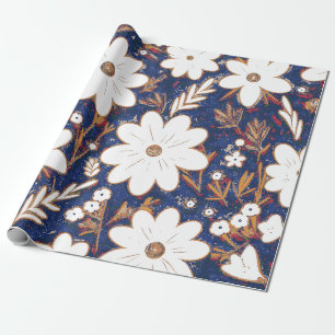 Shabby Chic Diep Blauw Wit Retro Daisy Patroon Cadeaupapier