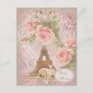 Shabby Chic Eiffel Tower Pink Floral Baby shower Kaart