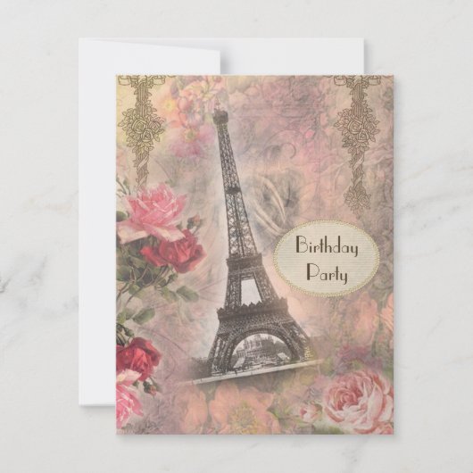 Shabby Chic Eiffel Tower & Rozen Birthday Party Kaart (Voorkant)