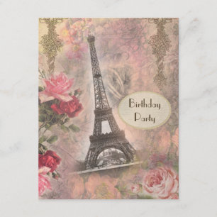 Shabby Chic Eiffel Tower & Rozen Birthday Party Kaart