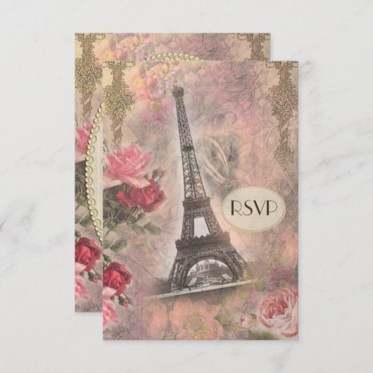 Shabby Chic Eiffel Tower & Rozen RSVP (Voorkant / Achterkant)