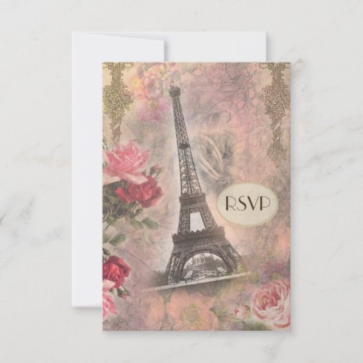 Shabby Chic Eiffel Tower & Rozen RSVP Kaartje (Voorkant)