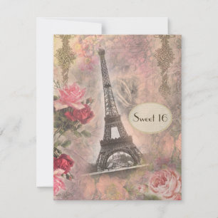 Shabby Chic Eiffeltoren & Rozen Sweet 16 Kaart