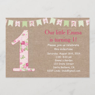 Shabby Chic en Burlap First Birthday Invitation Kaart