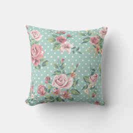 shabby chic floral blauwgroen witte roze polka kussen