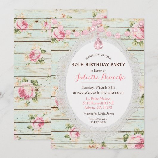 Shabby Chic Floral Bois Invitation Anniversaire (Devant / Derrière)