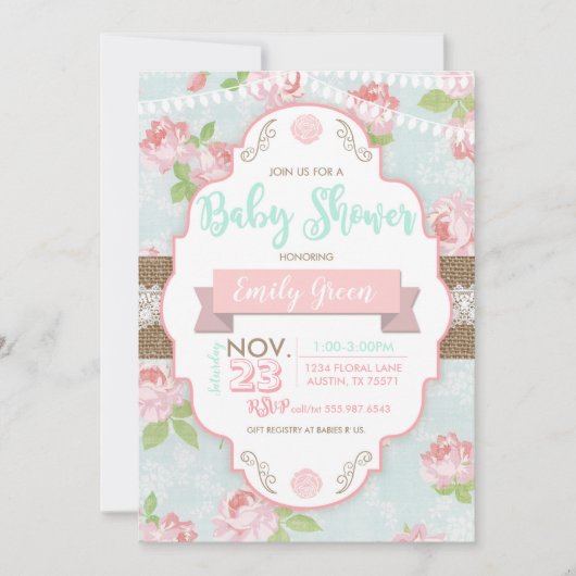 Shabby Chic Floral Burlap Baby shower Invitation (Devant)