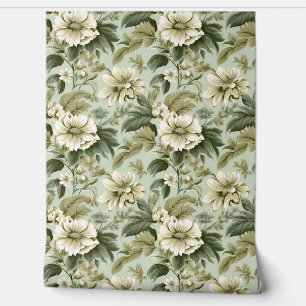 shabby chic floral groen en ivoor rozen behang