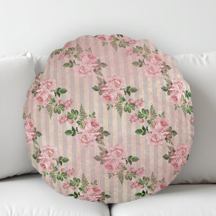 Shabby Chic Floral Grunge Stripes roze Rond Kussen