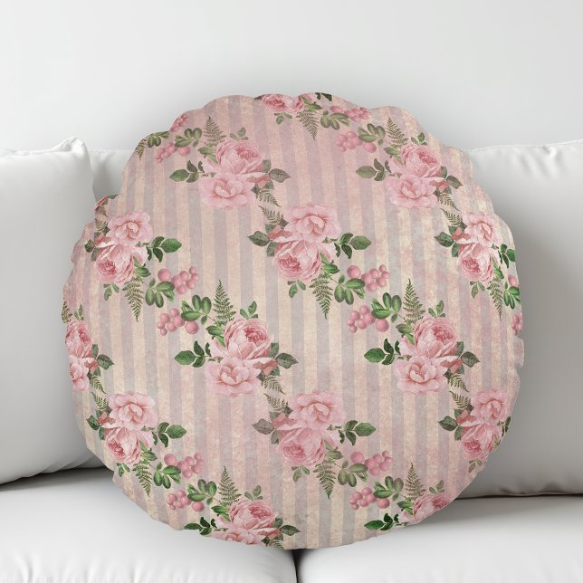 Shabby Chic Floral Grunge Stripes roze Rond Kussen (Creator heeft geüpload)