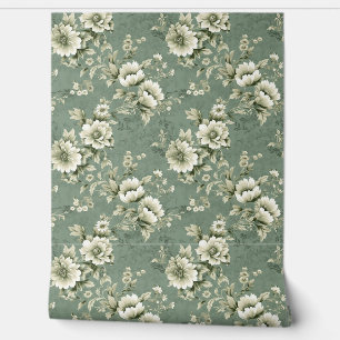 Shabby chic floral zacht pastel groen ivoor rozen behang