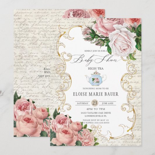 Shabby Chic  French Rozen Baby shower Invit Kaart (Voorkant / Achterkant)