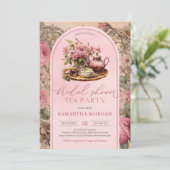 Shabby chic fuchsia roze bruids thee party kaart (Staand voorkant)