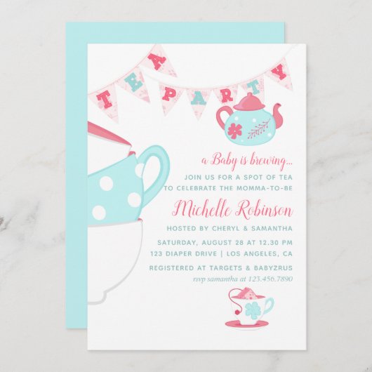 Shabby-Chic Girl Baby shower Tea Party Invitation Kaart (Voorkant / Achterkant)