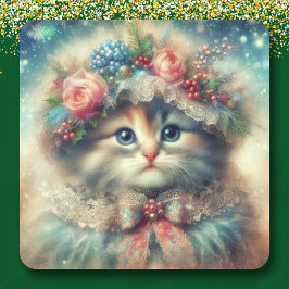  Shabby Chic Kerstkat Vierkante Sticker